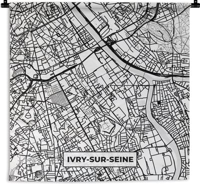 Wandkleed - Wanddoek - Kaart - Stadskaart - Frankrijk - Plattegrond - Ivry-sur-Seine - Zwart wit - 180x180 cm - Wandtapijt