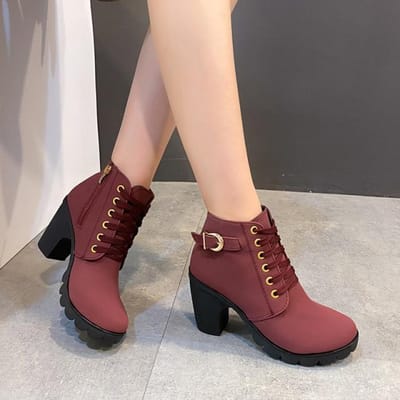 Wdhkun Nieuwe Lente Winter Dames Pumps Laarzen Hoge Kwaliteit Veterschoenen Europese Dames Schoenen Pu Hoge Hakken Laarzen Snelle Levering 35 wijnrode kleur