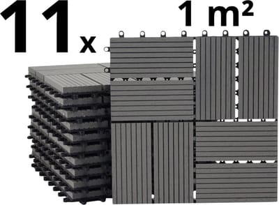 Terrastegels - WPC Composiet Kunststof - 11 Stuks - 1 m² - Grijs - 8 Latjes - Vlondertegels - Balkontegels - Onderhoudsvrij - Makkelijke en Snelle Montage