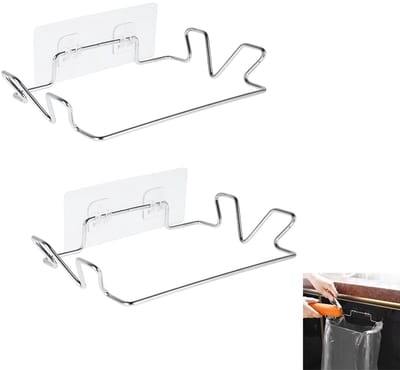 2-stuks RVS vuilniszakorganizer - Keuken prullenbakrek - Hangende vuilniszakorganizer - Met muurstickerbasis - Ruimtebesparend - Gemakkelijke toegang en organisatie - Geschikt voor onder de gootsteen, keukenkastdeuren, kamperen, picknicks - Zilver