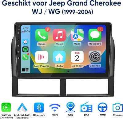 Junsun Android 15 CarPlay Autoradio Geschikt Voor Jeep Grand Cherokee WJ/WG 1999-2004 - Draadloze Andriod Auto - Bluetooth - Achteruitrijcamera - GPS Navigatie - 9 inch HD Touchscreen - WiFi - USB - RDS - DSP - FM - 2GB+64GB