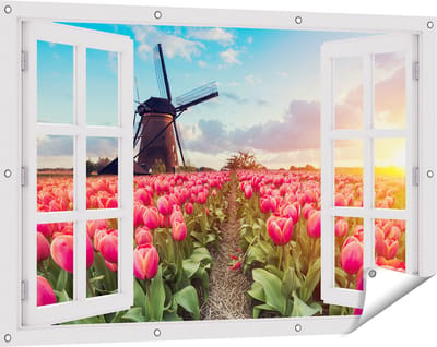 Gards Tuinposter Doorkijk Roze Tulpen Bloemenveld - met Windmolen - 120x80 cm - Tuindoek - Tuindecoratie - Wanddecoratie buiten - Tuinschilderij
