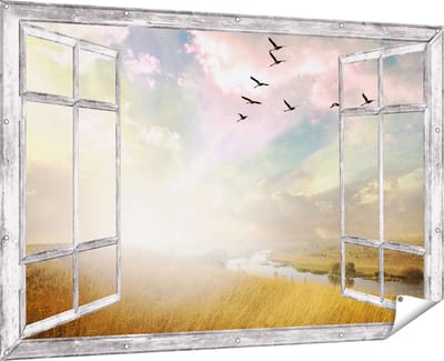 Gards Tuinposter Doorkijk Groep Vogels Vliegen Boven het Gras - 180x120 cm - Tuindoek - Tuindecoratie - Wanddecoratie buiten - Tuinschilderij