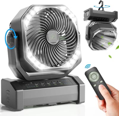 Persoonlijke Ventilator 20000mAh Met LED Lamp, Automatisch Oscillerende Bureauventilator Met Afstandsbediening & Haak, Oplaadbare Camping Ventilator Met Timer, 4 Snelheden USB Voor Kamperen