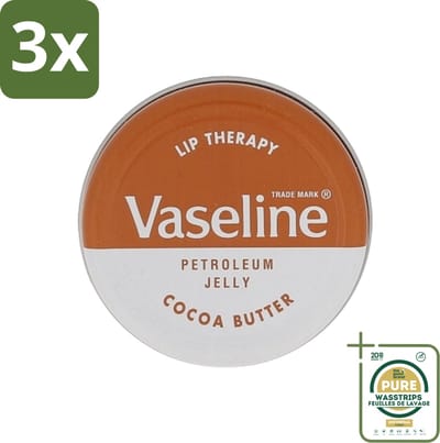 3 x Vaseline - Lip Therapy - Lippenbalsem - Cocoa Butter - 20 g - Grootverpakking - Lippenbalsem - Droge Lippen - Lippen Verzorging - Cacaoboter - Uitdroging Voorkomen