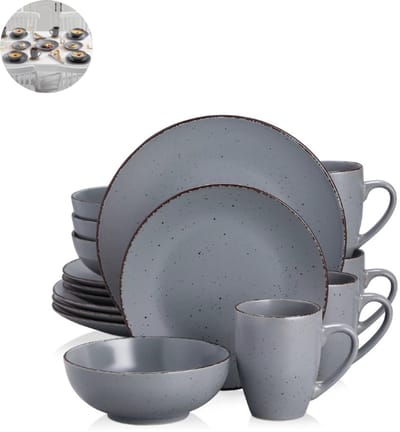 Luxe Serviesset – 16 delig – 4 persoons – Porselein - Bordenset – Dinner platen – Dessertborden - Kommen - Mokken - Grijs