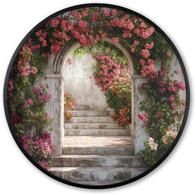 Poster in lijst Rond - Fotolijst 60x60 cm - Posters - Doorkijk - Rozen - Vintage - Poort - Ronde posterlijst zwart - Decoratie - Wanddecoratie woonkamer - Muurdecoratie slaapkamer