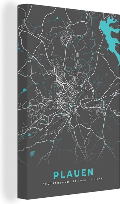 Canvas Schilderij Stadskaart – Plattegrond – Duitsland – Blauw – Plauen – Kaart - 20x30 cm - Wanddecoratie