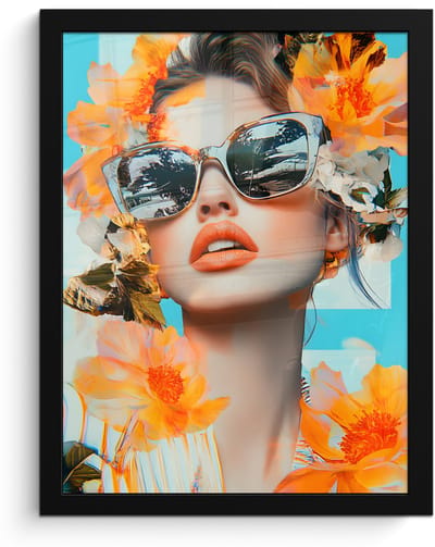 Poster in lijst - Fotolijst 30x40 cm - Posters - Bloemen - Vrouw - Zonnebril - Blauw - Posterlijst zwart - Decoratie - Wanddecoratie woonkamer - Muurdecoratie slaapkamer