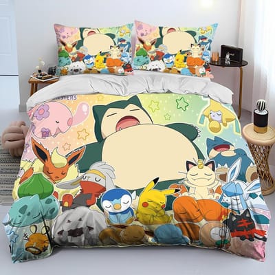 Parure de lit Cartoon Pikachu Pokemon Monstre 3D Housse de couette Ensemble de lit Housse de couette Taie d'oreiller Ensemble de lit Queen Adulte Enfants AU Double(180*210cm)3pcs