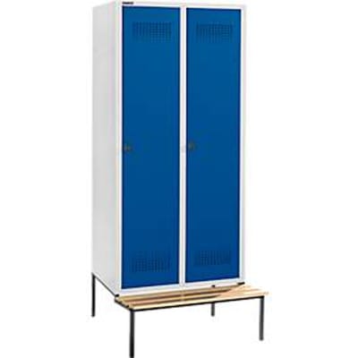 Schäfer Shop Genius Kledinglocker met zitbank, 2 compartimenten, 400 mm compartimentbreedte, veiligheidsdraaigrendelslot, lichtgrijs/gentiaanblauw