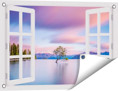 Gards Tuinposter Doorkijk Wanaka Boom in het Water bij Zonsopgang - 60x40 cm - Tuindoek - Tuindecoratie - Wanddecoratie buiten - Tuinschilderij