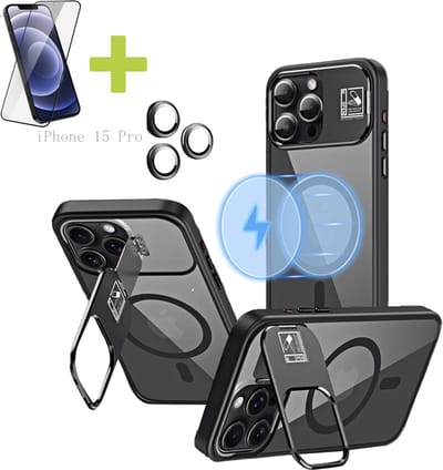 Hoesje voor iPhone 15 Pro met Standaard, Compatibel met MagSafe, Acryl + TPU Case, Hoes ingebouwde Stash Stand-telefoonhoes, Ultradun-Zwart - Screenprotector