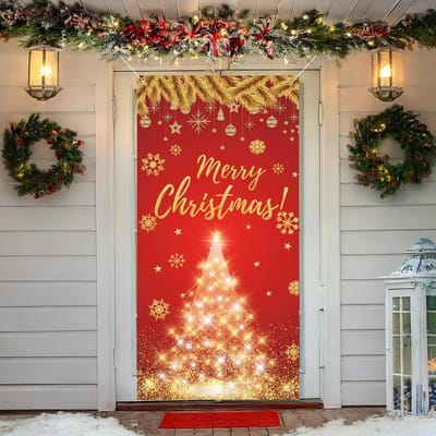 Dailygoods- Deurbekleding Gouden Ster - Kerst Decoratie - Achtergrond voor Voordeur - Wanddecoratie - Feestartikelen - Stevige Stof 70,8x35 voet - Kerstdecoratie