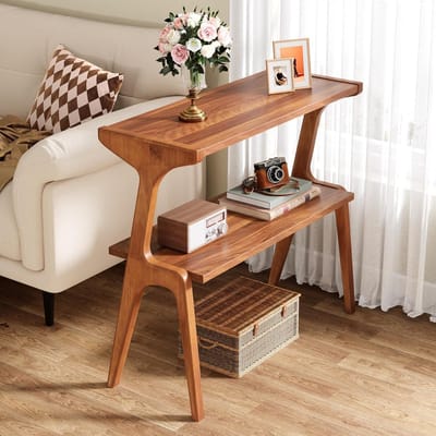 Tribesigns Smalle Bijzettafel voor Woonkamer - 2-Laags Slanke Bankbijzettafel met Massief Houten poten - Okkernoot - Moderne Hoge Bijzettafel met Plank, boerderij lang nachtkastje