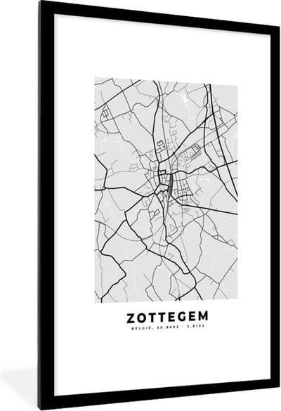 Fotolijst incl. Poster Zwart Wit- België – Zottegem – Stadskaart – Kaart – Zwart Wit – Plattegrond - 80x120 cm - Posterlijst