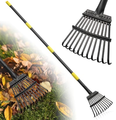 Dailygoods- Tuinbladhark 180 cm - Verstelbare Stalen Steel - 11 Metalen Tanden - Harkkop 19 cm - Ergonomische Handgreep - Multifunctioneel voor Tuin en Gazon - Tuinhark