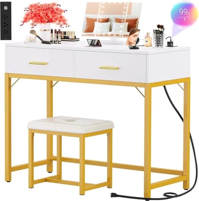 Kaptafel met spiegel - Make-up meubel - Slaapkamer inrichten - Geïntegreerde verlichting - 90 x 40 x 76 cm - Goud