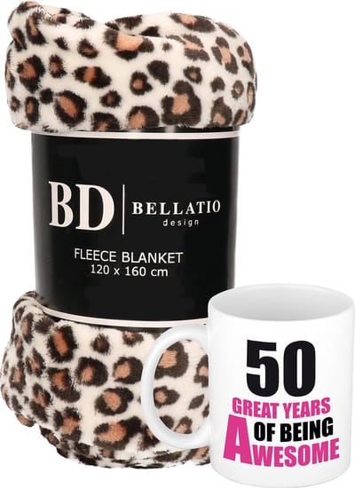 Cadeau verjaardag 50 jaar/ Sarah vrouw - Fleece plaid/deken luipaard print met 50 great years awesome mok