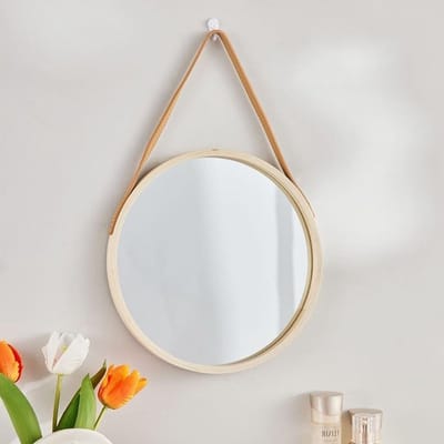 Ronde Wandspiegel met Leren Band - 30 cm Decoratieve Spiegel voor Woonkamer, Slaapkamer en Badkamer