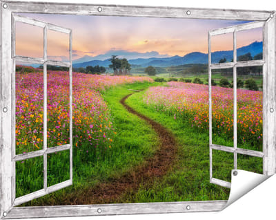 Gards Tuinposter Doorkijk Kosmos Bloemenveld met een Pad - Bloemen - 120x80 cm - Tuindoek - Tuindecoratie - Wanddecoratie buiten - Tuinschilderij