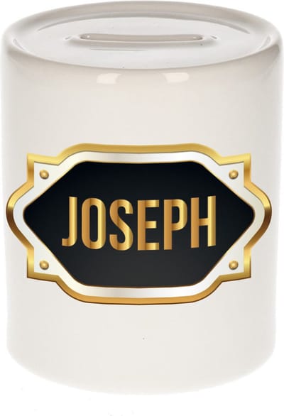 Spaarpot met voornaam Joseph - wit - met goud/zwart embleem - 8 x 9 cm - keramiek - met afsluitdop - cadeau verjaardag