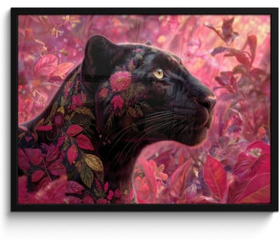 Poster in lijst - Fotolijst 80x60 cm - Posters - Luipaard - Bloemen - Roze - Posterlijst zwart - Decoratie - Wanddecoratie woonkamer - Muurdecoratie slaapkamer
