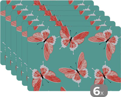 Placemat - Placemats kunststof - Vlinders - Roze - Patroon - 45x30 cm - 6 stuks - Hittebestendig - Anti-Slip - Onderlegger - Afneembaar