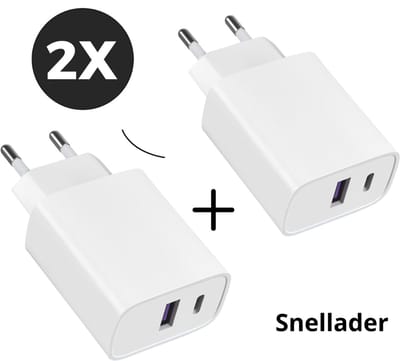 2x USB C Adapter USB C en USB Oplader - 25W Snellader (2 Stuks) - Geschikt voor iPhone en Samsung - Wit