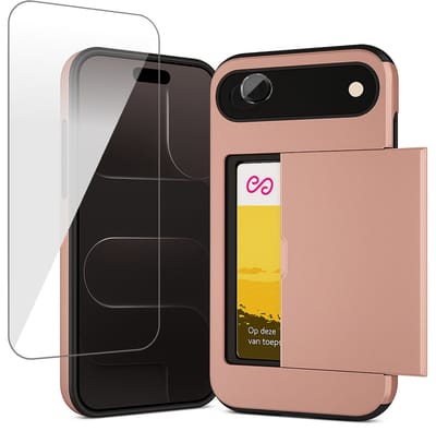 Hoesje met Pasjeshouder geschikt voor iPhone 17 Air - Screenprotector GlassGuard & Camera Lens Screen Protector Zwart - Back Cover SlideCase Roségoud