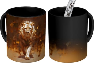 Magische Mok - Foto op Warmte Mokken - Koffiemok - Leeuw - Geschilderd - Abstract - Goud - Magic Mok - Beker - 350 ML - Theemok