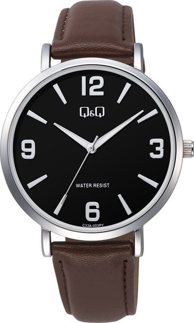 Q&Q C33A-003PY - Horloge - Analoog - Heren - Mannen - Leren band - Rond - Metaal - Cijfers - Streepjes - Bruin - Zilverkleurig - Zwart - 3 ATM