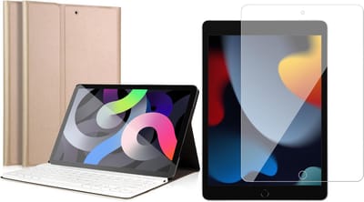 Hoes met Toetsenbord geschikt voor iPad 10.2 2021 - Screen Protector GlassGuard - KeyGuard Book Case Cover Kunstleer Goud & Screenprotector