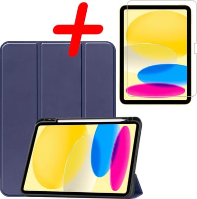 Hoesje Geschikt voor Apple iPad 10 (2022) - 10.9 inch - 10e Generatie - Met Screenprotector - Trifold Bookcase - Hard Cover Case - Met Uitsparing Geschikt voor Apple Pencil - Hardcover Book - Tablet Hoes - Donkerblauw