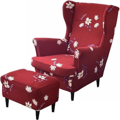 Vleugelstoelhoezen 2-delig met hoes voor poef - rekbare wasbare hoes - elastaan meubelbeschermer voor fauteuil stoelen - slaapkamer hotel (rode bloem)