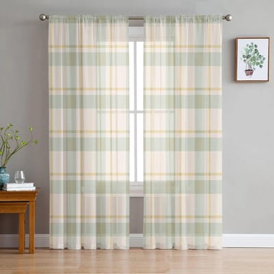 Geel Geruit Transparante Gordijnen voor Slaapkamer Woonkamer Voile Raamgordijnen Tule Gordijnen voor Kinderkamer 135W x 114H(cm)
