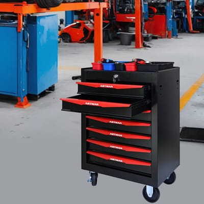 MODENUIT Gereedschapswagen - 7 Laden Met Slot En Wielen - Voor Werkplaats - Staal - 60x33x77,5 Cm - Zwart Rood