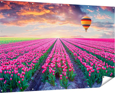 Gards Tuinposter Bloemenveld met Roze Tulpen - Luchtballon - 180x120 cm - Tuindoek - Tuindecoratie - Wanddecoratie buiten - Tuinschilderij