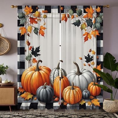 2 STUKS HD digitaal gedrukt gordijn Gele Stropdas Oogstfestival pompoen Esdoornrank Woondecoratiestijl Versier woonkamer Slaapkamer W52H63inchW132H160cm black
