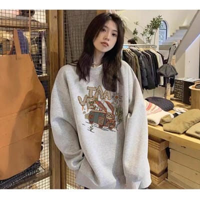 Retro Luie Stijl Lente, Herfst en Winter Plus Fluweel Sweatshirt voor Dames Losse Koppels Dunne Ronde Hals Top 2XL black