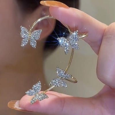 Nieuwe Collectie Glanzende Kristallen Vlinder Oor Cuff Clip Oorbellen Voor Vrouwen Mode Kwastje Ketting Bloem Stud Oorbellen Bruiloft Sieraden gray