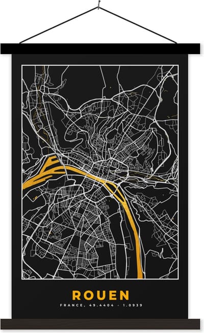 Posterhanger incl. Poster 40x60 cm - Schoolplaat - Kaart – Rouen - Stadskaart – Frankrijk – Plattegrond - Textielposter - Zwarte latten - Stadskaart