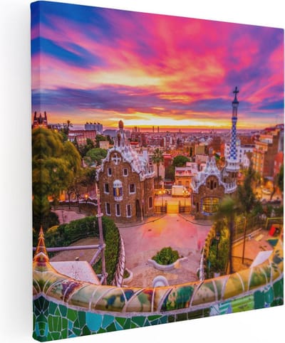 Artaza Canvas Schilderij Park Güell - 30x30 cm - Klein - Wanddecoratie Mozaiek - Muurdecoratie Zonsondergang - Kamer Accessoires Stad