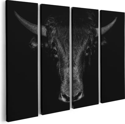 Artaza Canvas Schilderij Vierluik Stierenkop - Stier - Zwart Wit - 80x60 cm - Wanddecoratie Woonkamer - Schilderijen - Muurdecoratie