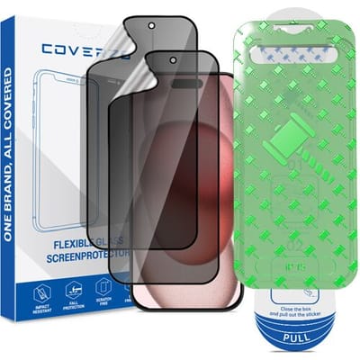 Coverzs Flexibel PMMA Glass Privacy Screenprotector met frame (2-pack) geschikt voor iPhone 15 – Privacy Glas – Flexibel Glas – Beschermfolie met Montageframe – Premium Schermbescherming