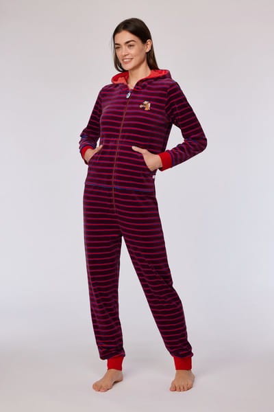 Woody onesie velours unisex - rood gestreept - pony - 252-10-ONE-V/919 - maat S