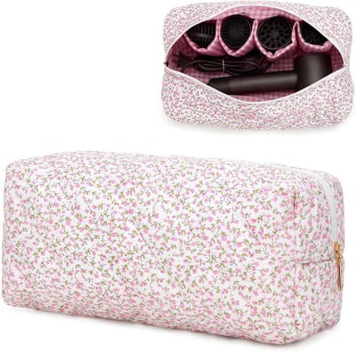Grote toilettas voor haarstylingtools, opbergzak voor föhn en accessoires, katoen 35x15x10cm, met bloemenpatroon en vakken