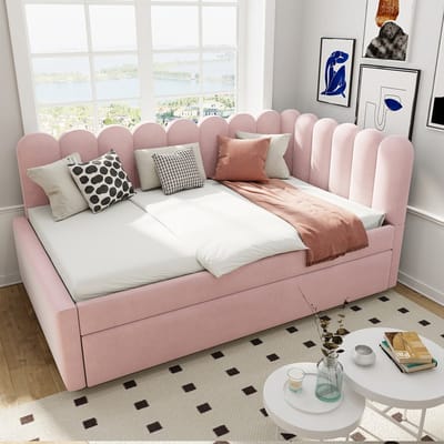 Komhtom L-vormige gestoffeerde bedbank, slaapbank 140x200 cm met bloemenrugleuning en uitschuifbaar bed in roze fluweel