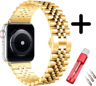 Strap-it Jubilee stalen band - Geschikt voor Apple Watch bandje - Series 1/2/3/4/5/6/7/8/9/10/11/SE/SE2/SE3 - Goud - Staal/metalen schakel band met vlindersluiting - Voor maat: 38 / 40 / 41 / 42mm - Met inkorter toolkit