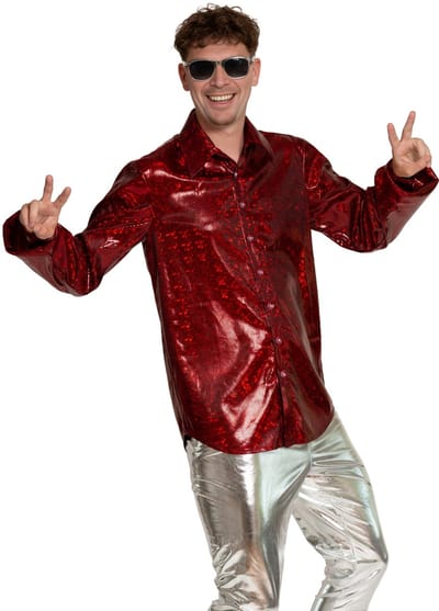 Partychimp Shiny Disco Shirt Rood voor Heren Carnavalskleding Foute Party Verkleedkleding Volwassenen Heren Toppers 2026 - Disco- Shiny- Polyester - S